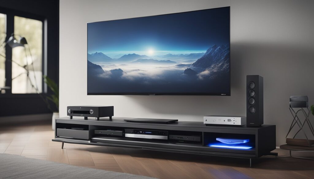 Modern home theater setup with mountainous backdrop.
